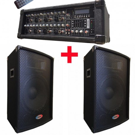 COMBO CONSOLA POTENCIADA MIXER 8 CANALES JMP-8150 USB CONTROL REMOTO + 2 BAFLES JB-15