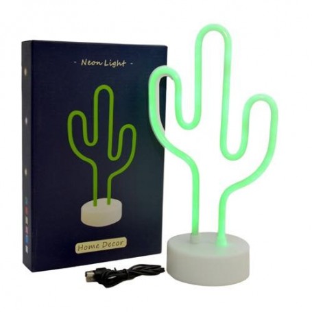 CARTEL LED CACTUS LUMINOSO LED NEON DECORATIVA A PILA O USB VERDE VELADOR