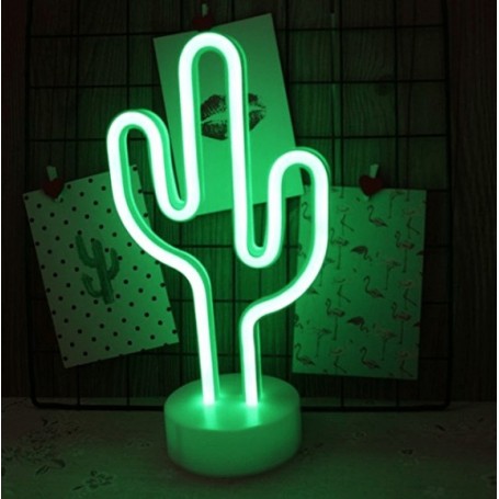 CARTEL LED CACTUS LUMINOSO LED NEON DECORATIVA A PILA O USB VERDE VELADOR
