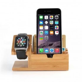 Base De Carga Apple Watch + Soporte Para Celular Estante De Madera Bambu Stand De Carga