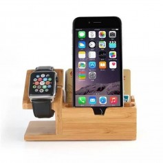 BASE DE CARGA APPLE WATCH + SOPORTE PARA CELULAR ESTANTE DE MADERA BAMBU STAND DE CARGA