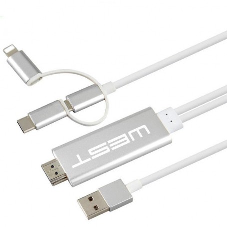 CABLE MHL HDTV WEST 3 EN 1 WHITE LIGHTING TYPE C MICRO USB IPHONE MOTOROLA SAMSUNG