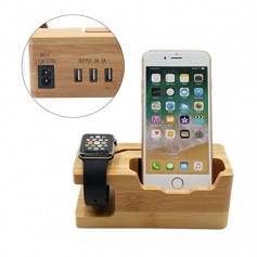 ESTACION CARGADORA USB X 3 3A DOCK MADERA BAMBU APPLE WATCH IPHONE