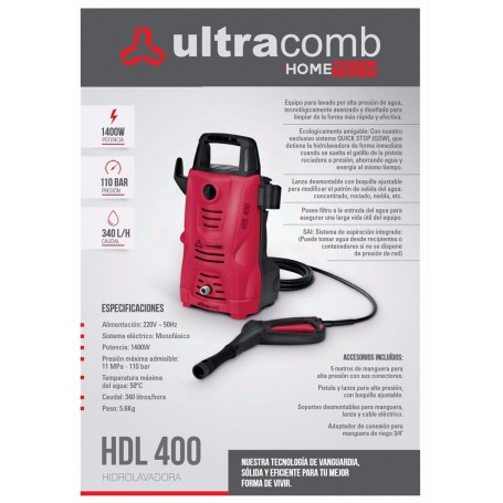 HIDROLAVADORA ULTRACOMB 1400W MANGUERA 5MTS PISTOLA 110 BARES HDL-400