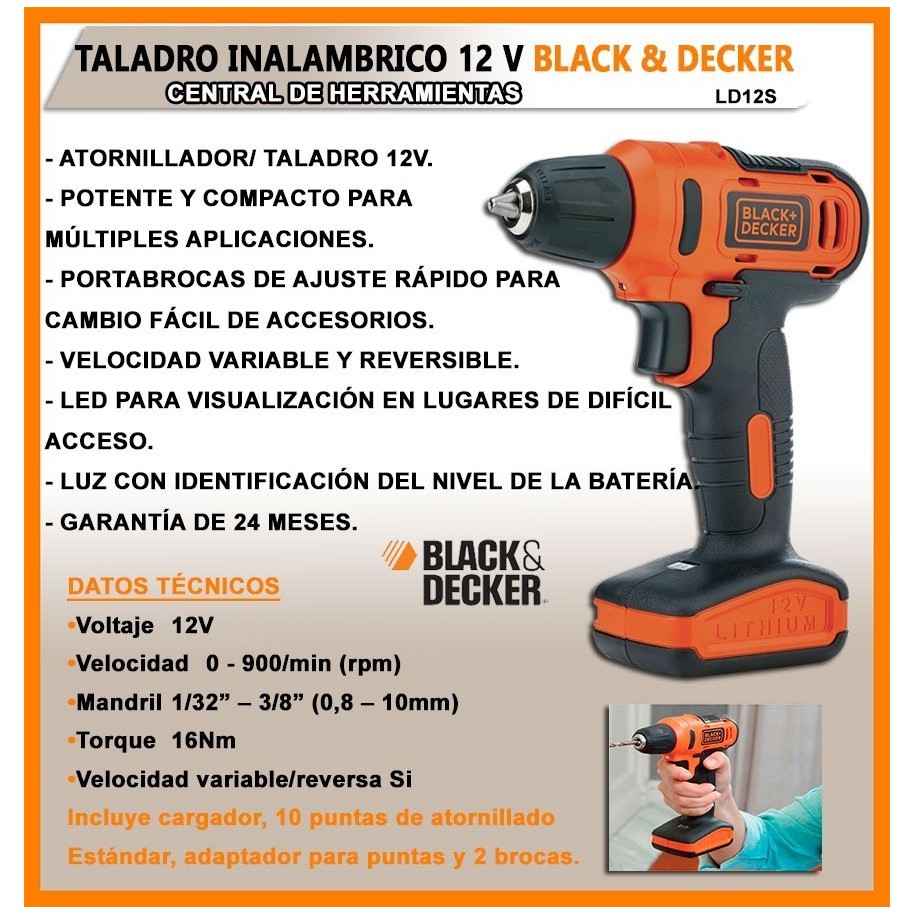 Taladro Atornillador Black-Decker 10 Mm Inalámbrico 12 V Con Kit Ld12s-ar
