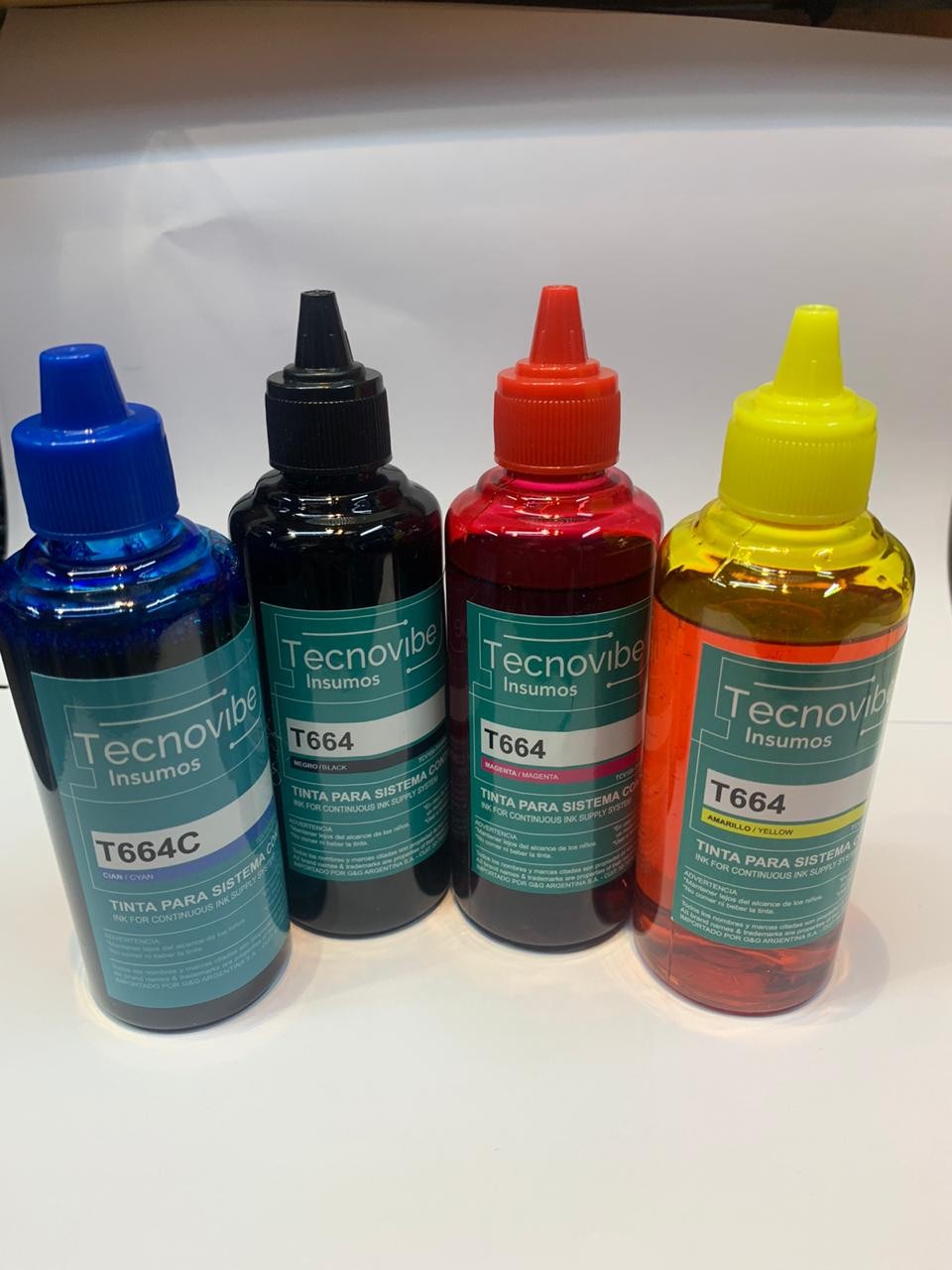 Combo Tinta Alternativa Epson Tecnovibe T664 Negro Amarillo Cyan Magenta  100Ml X4 Sistema Continuo
