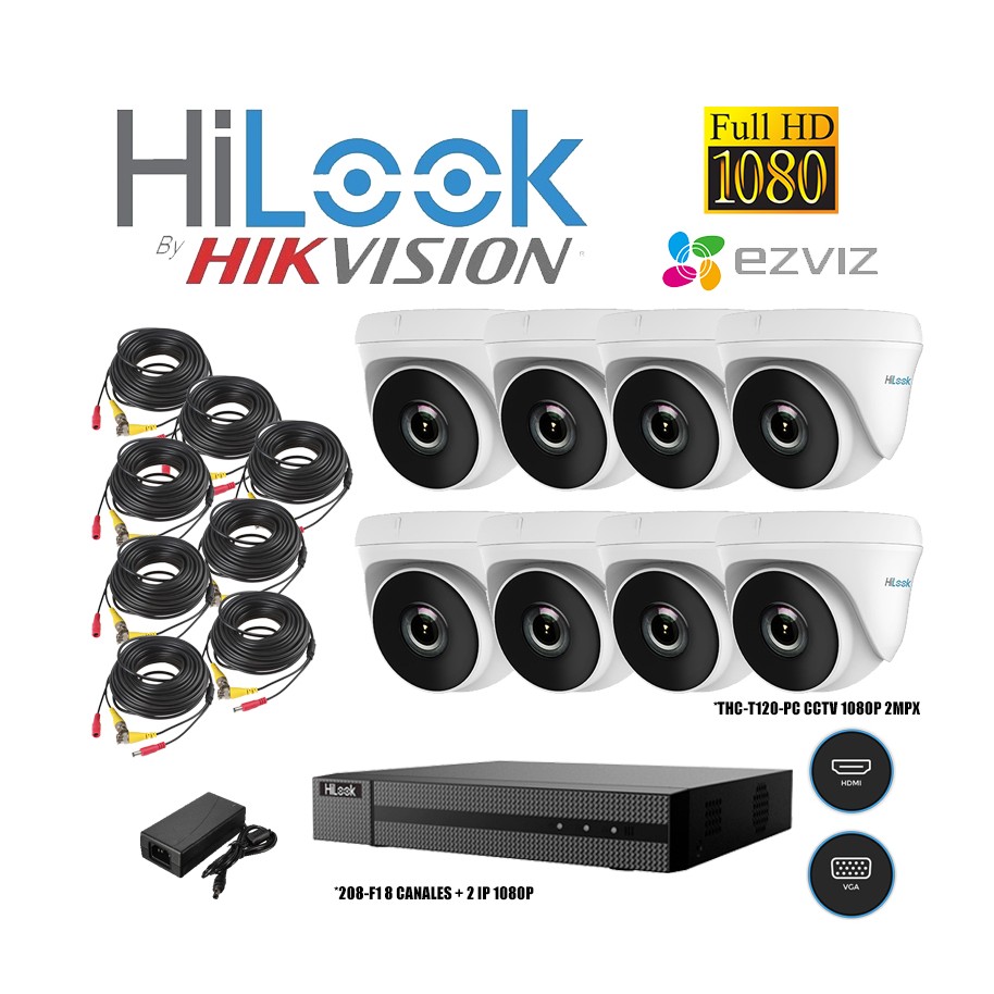 Delgado acoplador Memoria Kit 8 Camaras Domo 1080P + Dvr 8 Canales Hilook By Hikvision Hd 1080P +  Cables + Fuente