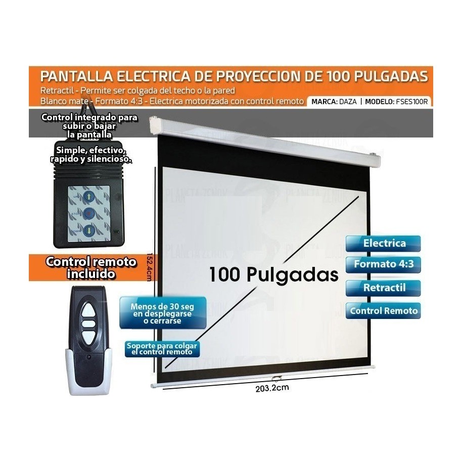 Electronica Avellaneda - Pantalla Proyector Daza 100 Pulgadas Manual 4:3  Pared Techo Marca: Daza Modelo: M100NWV Caracteristicas: Altura de la  pantalla visible (A):152,4CM Anchura de la pantalla visible (A):203,2CM  Color de la