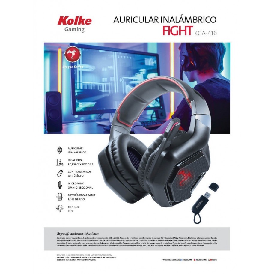 Auricular Gamer Inalambrico Kolke Ultra Gaming Transmisor 2.4ghz 12Hs  Bateria Luz Led Pc Ps4 Ps3 Kga-416