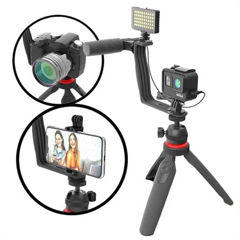 Kit Video Streaming Microfono Para Celular Tripode Luz Led Color Negro