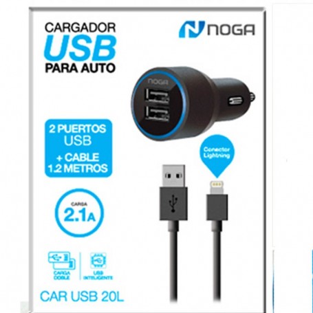 Cargador Auto 12V Usb 5,0V 2,1 Amp 2 Tomas + Cable Lightning Noga 20L