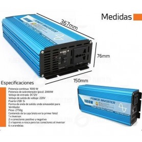 Conversor Inversor Power Inverter 1000W 12V A 220V Inversor Onda Pura Pico Tension 2000W Senoidal Pura