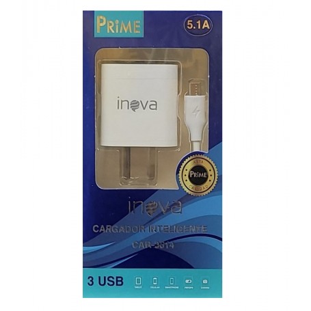 CARGADOR CELULAR KIT INOVA 2.1A CON CABLE MICRO USB BLANCO Y CARGADOR 12V CAR-1002