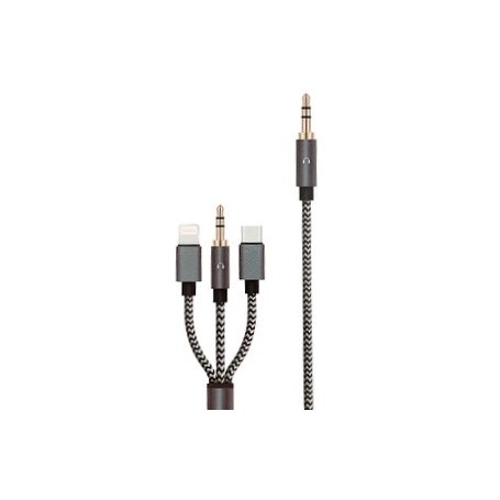 Cable Adaptador Mini Plug Auxiliar 3.5mm A Mini Plug 3.5mm Usb-C Lightning Seisa Kos-3002