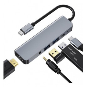 Hub Usb-C 5 En 1 Seisa Byl-2009 Para Mac Windows Usb-C Hembra Usb 3.0 Usb 2.0 Hdmi Auxiliar Mini Plug 3.5mm