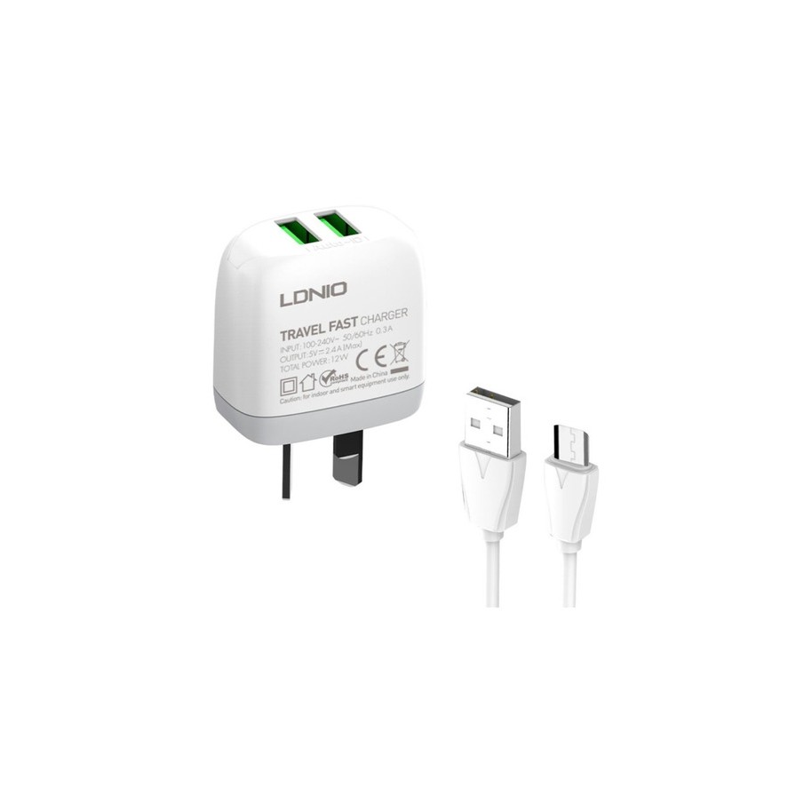 CARGADOR 220V 3A MICRO USB DINAX CABLE + 1 USB (CAJA) VERDE