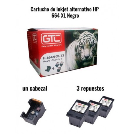 Kit Cartucho HP 664XL 3 Repuestos + Cabezal Negro