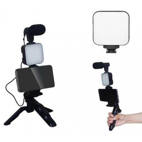 Kit Vlogger Vlog Microfono Con Luz Led Tripode Control Bluetooth AY-49T