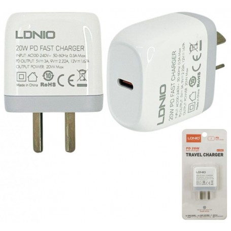 Cargador Cabezal USB-C Type-C Tipo-C PD 20W Carga Rapida LDNIO A1209C