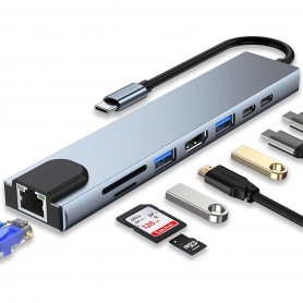 Hub USB-C Kolke KCH-681 8 En 1 HDMI SD Micro SD RJ45 USB 2.0 3.0