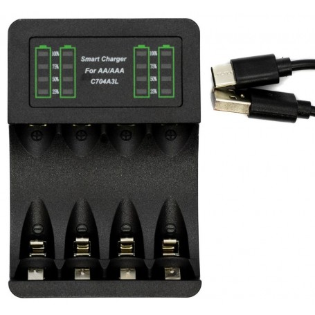 Cargador De Pilas Recargables Carga 4 Pilas AA AAA Con Display Puerto USB-C Type-C Tipo-C C704A3L SEFE-407-3B