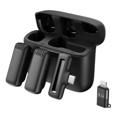Microfono Corbatero Inalambrico Doble Periodista Streaming Android Type-C Tipo-C Con Adaptador Lightning Macho A Usb-C Hembra