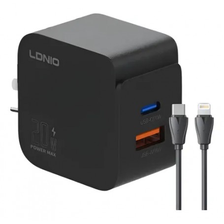 Cargador Cabezal Ldnio Q111 USB-A USB-C Tipo-C 20W Para iPhone Apple Con Cable USB-C A Lightning