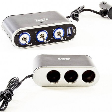 Duplicador Ficha Encendedor 12V Con Cable Y Llaves Corte 3 Tomas Y 1 Usb 1Amp Wf-861