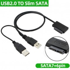 Cable USB 2.0 a SATA 6+7 de 13 Pines Cable USB a SATA Slimline para Disco Duro Externo Portatil HDD Caddy DVD