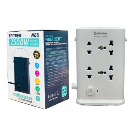 Zapatilla Portatil De Torre 2 Niveles Con Luz LED 8 Enchufes USB USB-C Type-C Tipo-C Cable 1.9mts 2500W