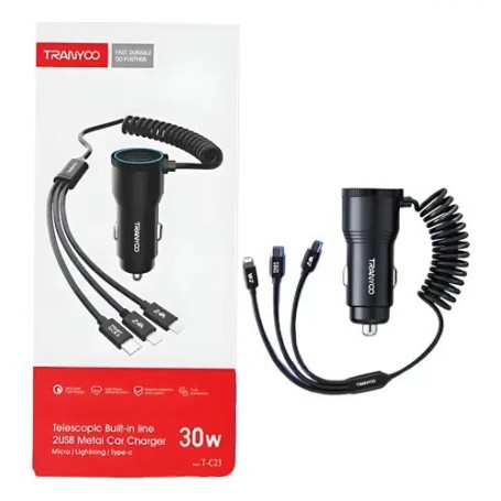 Cargador De Celular Para Auto 12V Tranyoo T-C23 30W Carga Rapida Metal + Cable 3 En 1 Lightning USB-C Micro USB V8