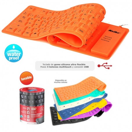 Teclado Ultra Flexible Naranja Lavable Kolke Kt-103 Silicona Enrollable Usb