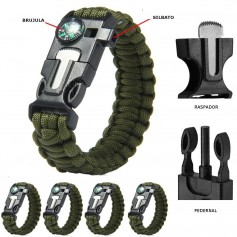 Pulsera Paracord Supervivencia Con Brujula Silbato Pedernal Y Navaja Yuze Negra O Verde